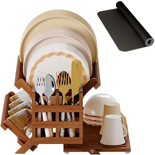 Greenual Teak Dish Drying Rack with Utensil Holder, 3 Tier Collapsible Dish Rack, Wooden Dish Racks for Kitchen Counter, Large Folding Drying Holder with Absorbent Dish Drying Mat - Image 1
