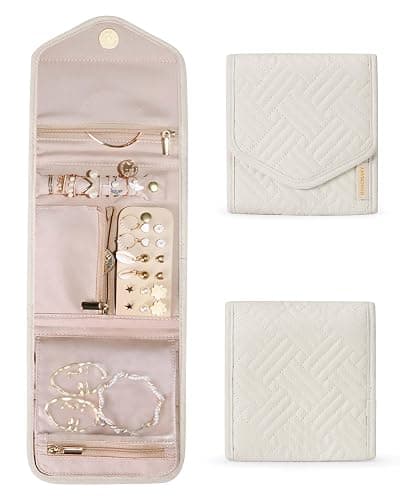 BAGSMART Travel Jewelry Organizer Case Foldable Jewelry Roll for Journey Rings, Necklaces, Earrings, Bracelets,Mini,Beige - Image 1
