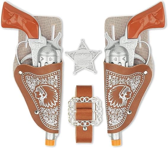 Cowboy Toys Set, 6Pieces Brown Adjustable Cowboy Gun Belt and Holster for Kids, Vintage Dress-up Accessories Costume for Halloween - Image 1