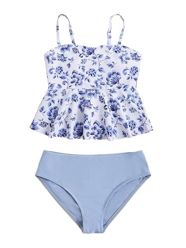 SHENHE Girl's 2 Piece High Waisted Ruffle Waffle Swimsuit Bathing Suit Bikini Sets - 11 Years - Blue a - Image 1