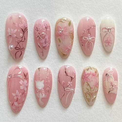 30Pcs Pink Flower Press on Nails Medium Almond Fake Nails Peach Blossom with 3D Rhinestones Pearl Gold Glitter Design Artificial Cute Cat Nails Stick on Nails Spring False Nails for Women Acrylic Nail - Image 1