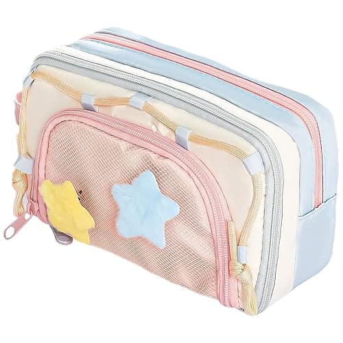 NASSMOSSE Pencil Pouch for Girls 7-Layer Large Capacity Kawaii Pencil Case with Star Pin & Handle 8x4x3 Inch Energetic School Supplies for Teen and Adult - Image 1