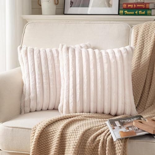 DEELAND Pack of 2,Double-Sided Faux Fur Plush Decorative Throw Pillow Covers Fuzzy Striped Soft Pillowcase Cushion Covers for Sofa Couch Bedroom Beige 16x16 inch - Image 1