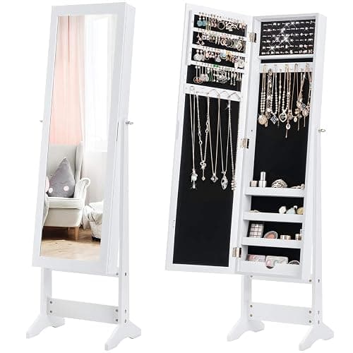 COSTWAY Specchio Portagioie da Terra, Armadietto Portagioie con Specchio a 3 Angoli, Organizer per Gioie Camera da Letto, 35 x 30 x 144 cm (Bianco) - Bianco - Image 1