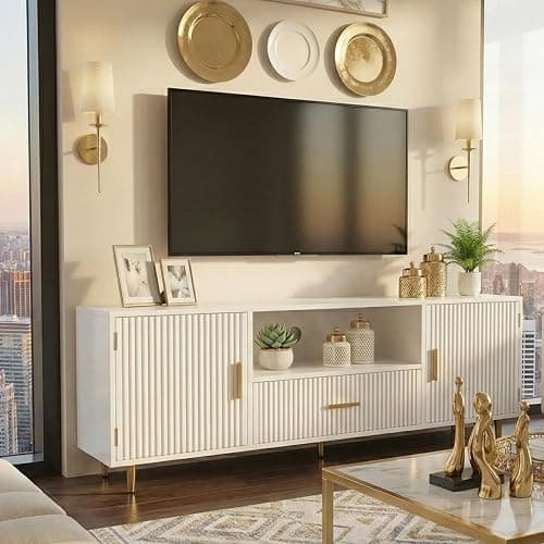 DIYART Modern Fluted TV Stand for 55/60/65 Inch TV, 57" Entertainment Center Media Console Table with Drawer & Storage Cabinets, Ribbed Design TV Cabinet Credenza for Living Room, White - Image 1