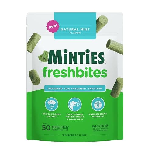 Minties FreshBites Soft and Chewy Dental Treats for Dogs, Low Calorie Natural Mint Flavored Dental Chews for Dogs, 50 Count, Chews Clean Teeth, Fight Bad Breath, and Removes Plaque and Tartar - Image 1