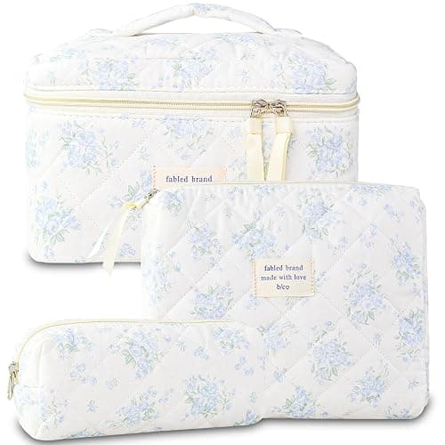 AMZMA Makeup Bag, 3 PCS Quilted Makeup Bag, Cute Floral Cotton Cosmetic Bag set, Coquette Makeup Pouch Large Travel Toiletry Bag - Image 1