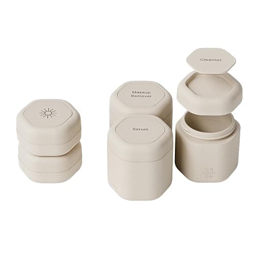 Cadence Travel Containers - Core Skincare Set - Magnetic Containers with Lids,2 Small (0.56oz) & 3 Medium (1.32oz) - Cleanser, Moisturizer, Serum, Makeup Remover & Sun Icon Labels - Sand - Core Set - Sand - Image 1