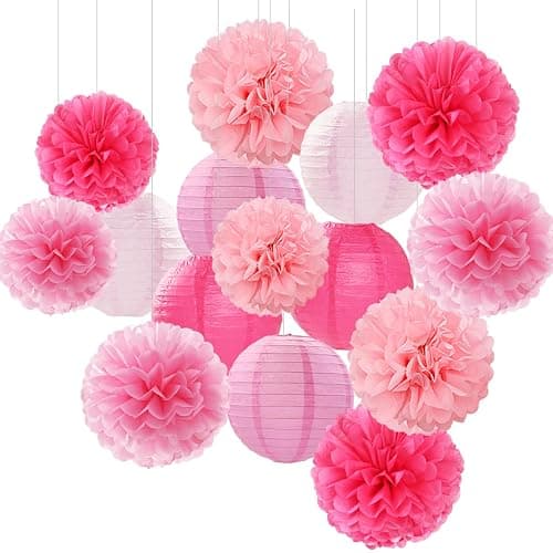 Light-Hot Pink Party-Decorations Paper-Flowers Lanterns - 15pcs Graduation Girl Birthday Decor Tissue Pom Poms Streamers, Bridal Baby Shower Wedding Bachelorette Valentine Hanging Supplies Hugfond - Image 1