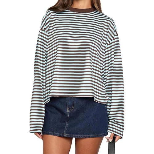 ABYOVRT Women Striped Long Sleeve Shirt Crewneck Cropped Pullover Top Fall Winter Vintage Sweatshirt Streetwear - Image 1