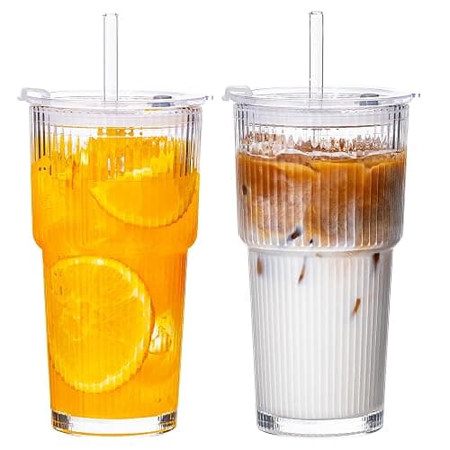 VA1KENE 20oz Glass Tumblers with Straws and Lids 2 Pack, Ribbed Glass Cups, Leak Resistant Iced Coffee Cups, Thick Reusable Drinking Glasses, Fits Car Cup Holder, Clear Travel Coffee Cups - Image 1