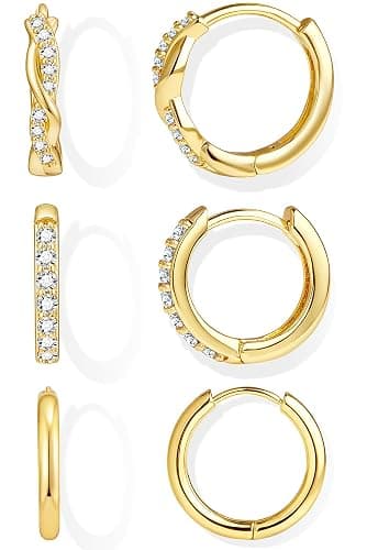 Inerney Gold Huggie Hoop Earrings Set for Women, Dainty Small Sterling Silver Earring Stacks Hypoallergenic Jewelry for Multiple Piercings, Trendy Twisted Cute Cartilage Hoops Birthstone Gift 3 Pairs - Image 1
