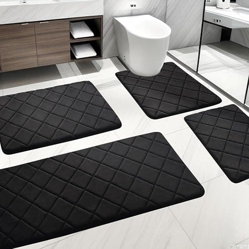 YIHOUSE Bathroom Rug Set, 4 Non Slip Memory Foam Bath Mats, Machine Washable, Water Absorbent for Tub, Toilet and Floor (Black) - Image 1