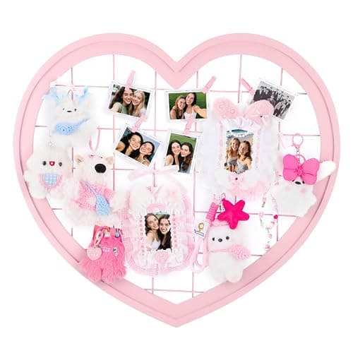 Jazcimdo Pink Preppy Coquette Room Decor, Heart Shape Wire Wall Grid Panel for Photo Display Board and Wall Storage Organizer, Wall Decor for Teen Girls and Women Home Bedroom Living Room and Dorm - Image 1