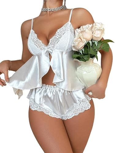 RoseSeek Women's 2 Piece Lingerie Set Floral Lace Tie Back Satin Bow Front Lingerie Pajama Set Sleepwear - Image 1