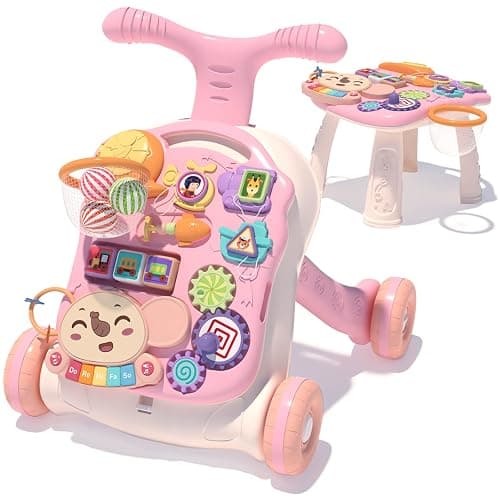 QDRAGON 3 in 1 Baby Walker and Activity Center for Girl, Learning to Walk, Sit to Stand, Early Educational Push Toys with Music Panel for Infant Toddler 12+ Months Pink - Image 1