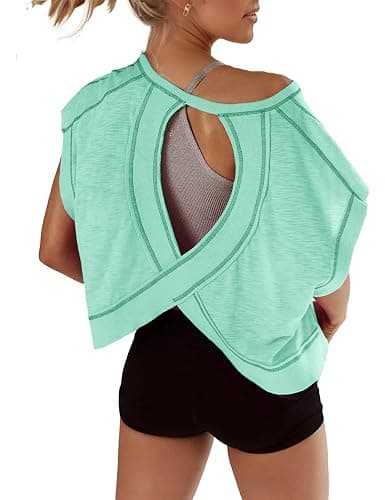 Fhniepan Open Back Tops for Women Oversized Short Sleeve Workout T Shirts Backless Y2k Athletic Crop Running Tees - Image 1
