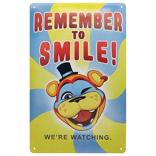 Five Nights at Freddy’s Tin Sign – Officially Licensed Horror Wall Art – “Remember to Smile, We’re Watching!” – Metal Collectible Décor for Gamers & Fans – 280 x 175mm - Image 1