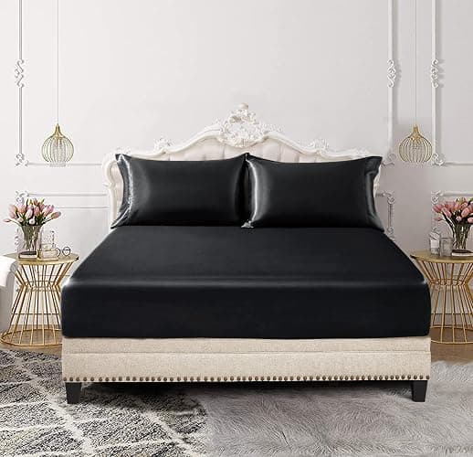 SiinvdaBZX 3-Piece Set Satin Twin Fitted Sheet & 2 Pillowcase, Black Silky Soft Fitted Bottom Sheet, Wrinkle Free, Fade Resistant, Deep Pocket Bed Sheet (Deep Up to 15") - Image 1