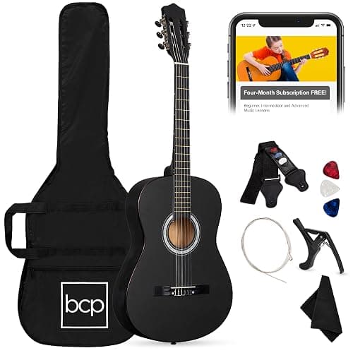 Best Choice Products 38in Beginner All Wood Acoustic Guitar Starter Kit w/Gig Bag, 6 Picks, Nylon Strings, Strap w/Pick Holder - Matte Black - Image 1