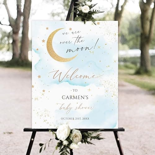 Personalized Baby Shower Sign, Over the Moon Baby Shower Welcome Sign, Welcome Sign, Baby Shower Sign, Blue Twinkle Little Star Baby Shower Sign,printable Sign,moon Shower - Version #10 - Image 1