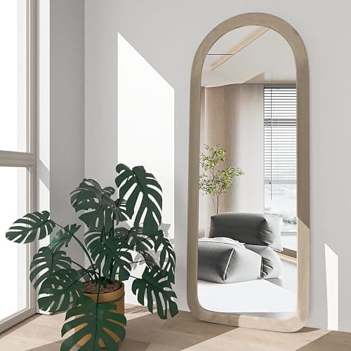 NEUWEABY Full Length Mirror 56"x20" Arch Floor Mirror with Stand Arched Full Body Mirror Standing Hanging or Leaning Against Wall for Bedroom Flannel Wrapped Wooden Frame Milk Tea - Image 1