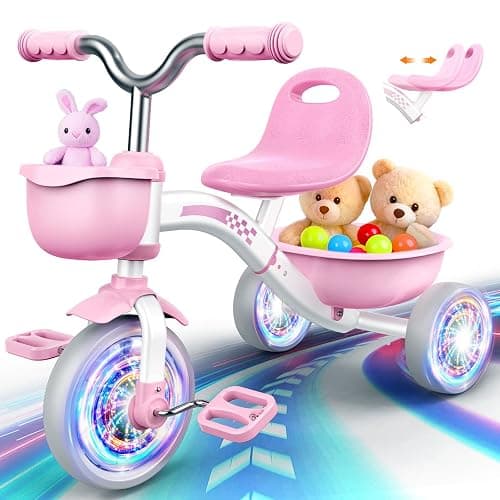 Kkdi Toddler Tricycle for 1-3 3-5 Year Olds, 2 3 4 5 Year Old Girl Birthday Gifts, Pink Toddler Baby Bike, 4-Level Adjustable Seat, 3 Color Light Wheels, 2 Baskets, Outdoor Riding Toys for Ages 2-4 - Image 1