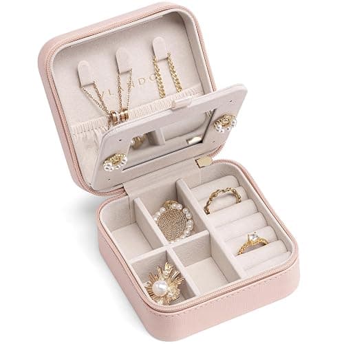 Vlando Mothers Day Gifts - Small Travel Jewelry Box Organizer -Jewelry Display Case for Girls Women Bridesmaid Gift Rings Earrings Necklaces Storage with Mirror Pink - Image 1