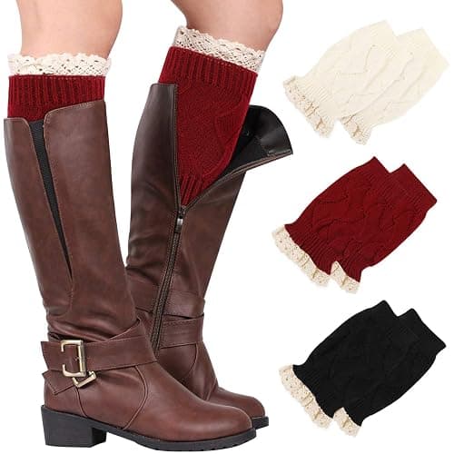 PHOGARY 3 Pairs Winter Warm Boot Cuffs for Women, Short Leg Warmers Crochet Knitted Boot Socks with Lace Trim for Gilrs Boot Topper Socks Leg Cuffs Boot Warmers Gift - Image 1