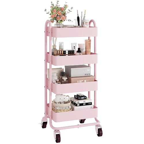 4-Tier Pink Rolling Cart,Metal Utility Rolling Cart with Handle,Multifunction Rolling Carts with Wheels,Kitchen Storage Carts Suitable for Office,Home,Kitchen,Garden(13.4"x18.1"x40") Pink - Image 1