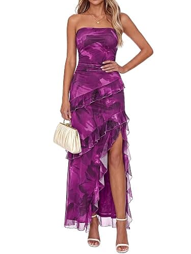 BTFBM Womens Off The Shoulder Summer Dresses | Strapless Beach Sundress, Ruffle Slit, Wedding Guest, Cocktail, Party, Boho Maxi Dress, Resort Wear, Vacation Travel Outfits - Image 1