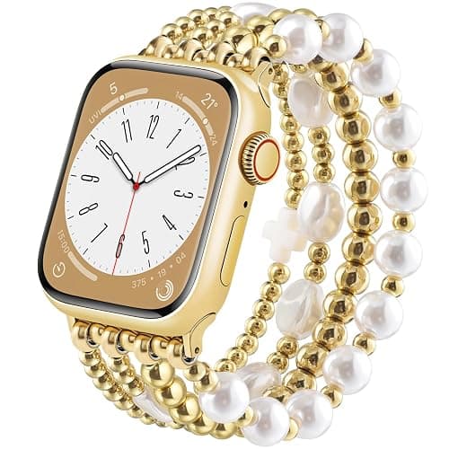 AIRSPO Gold Beaded Bracelets Compatible for Apple Watch Band 38mm 40mm 41mm 42mm 44mm 45mm Women, Fashion Handmade Dressy iPhone Watch Bands Elastic Strap for iWatch Series 11 10 9 SE 8 7 6 5 4 3 2 1 - Image 1