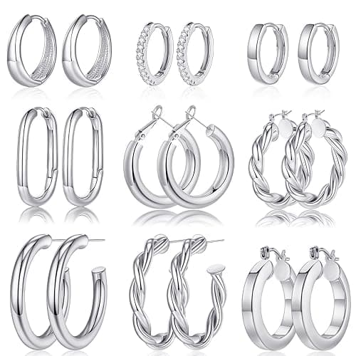 Yesteel 9 Pairs Gold Hoop Earrings for Women, 925 Sterling Silver Post 14K Real Gold Plated Chunky Hoop Earrings Set for Women Hypoallergenic Thick Lightweight Earring for Womens Jewelry Gifts - Image 1