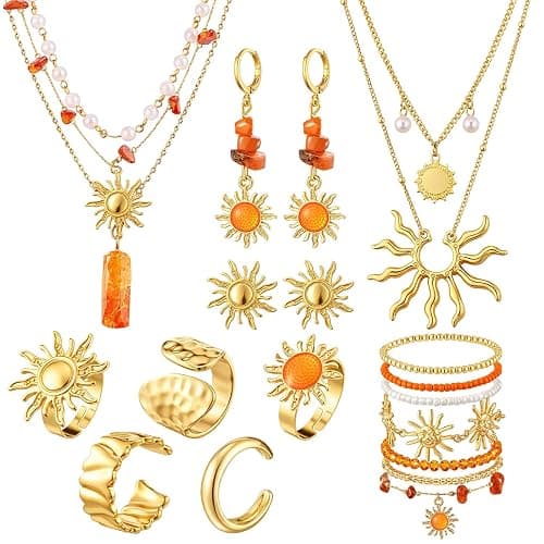 Tondiamo 16 Pcs Gold Sun Jewelry Set for Women Sunburst Earrings Rings Boho Hippie Layer Charm Necklace Summer Beach Bracelets Anklet for Holiday Vacation Accessories - Image 1