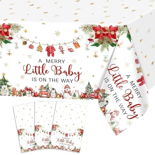 3 Pcs Christmas Baby Shower Tablecloth Christmas Baby Shower Decorations | 108x54 in, Disposable, Plastic, Waterproof, A Merry Little Baby Shower, Santa Baby Tablecloth - Image 1