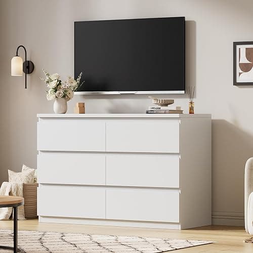 Orgobysol 6 Drawer Double Dresser for Bedroom, Modern Simply Chest of Drawers, Wood Storage Dresser with Anti-Tipping for Living Room Hallway Entryway, Nursy White (15.3" D x 47.2" W x 32.3" H) - Image 1