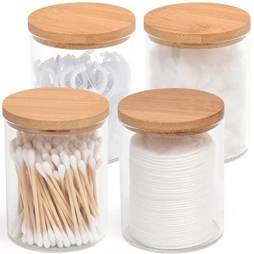 BKYFPQ 4 Pack Glass Qtip Holder Dispenser Set - Apothecary Jars with Lids for Vanity Makeup Organizer - Bathroom Canister Storage Organizer for Cotton Ball,Swab,Round Pads,Floss - 4pcs - Image 1