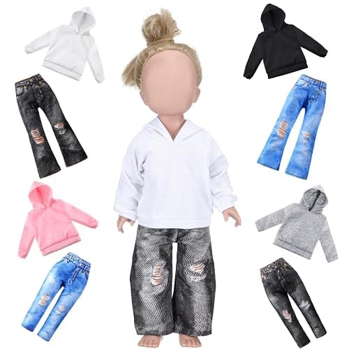 Bencailor 8 Pieces 18 Inch Doll Clothes Dolly Girl Accessories Cotton Sweaters Denim Pant Regular Outfit Clothing for 18 Inch Doll(Black,White,Grey,Pink) - Image 1