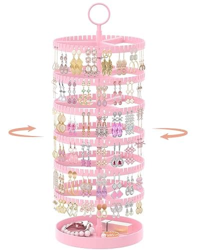 iDavosic.ly 6 Tier Rotating Earring Holder Organizer with Metal Tray, Adjustable Plastic Dangle Display Stands Tree with 342 Grooves, Large Hoop Storage Rack Tower, Pink - Image 1