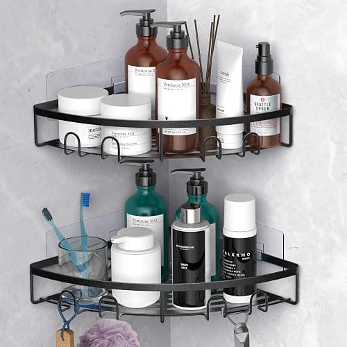 Kerisgo Corner Shower Caddy, 2 Pack Adhesive Bathroom Shower Corner Organizer Shelf, No Drilling Rustproof Wall Mounted Shower Storage Rack Shampoo Holder Organizer (Black) - Image 1
