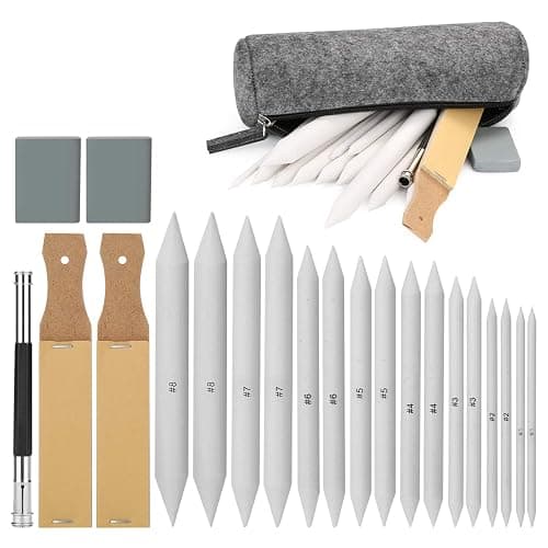 AGPTEK 22 PCS Sketch Drawing Tools, 16 Blending Stumps Set with 2 Sandpaper Pencil Sharpeners, 1 Pencil Extension Tool, 2 Erasers & 1 Felt Bag for Student Sketch Drawing Accessories - Image 1