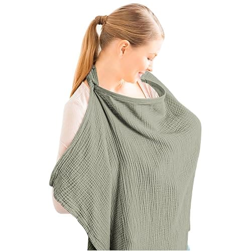 Konssy Muslin Nursing Cover for Baby Breastfeeding, Breathable 100% Cotton Breastfeeding Cover with Rigid Hoop for Mother Nursing Apron, Multi-use Carseat Canopy (Fog Green) - Image 1
