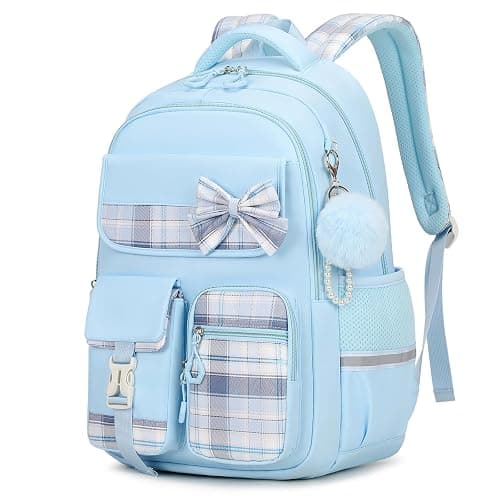 Tanou School Bag Girl Kids Backpack, Water-resistant Bookbag Teenager Daypack, Kawaii Checked Satchel for Girls 9-16 Years with Trolley Strap - Image 1