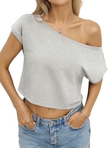 EasyGala Womens Cotton Off The Shoulder Crop Tops Short Sleeves T Shirts Loose Fit Tee Casual Summer Trendy Clothes 2026 - Image 1
