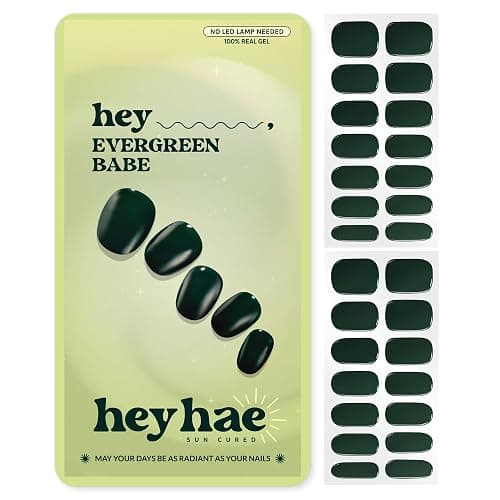 Heyhae Semi Cured Gel Nail Strips - Hey, Evergreen Babe | Green Solid | Sun Cured No UV Light Needed, Salon Quality, Easy Apply & Remove | 28 Strips, Prep Pad, Nail File, Wooden Stick - Image 1