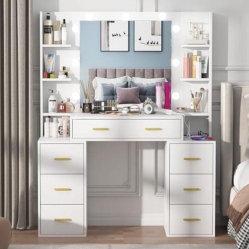 PAKASEPT Vanity Set with Lighted Mirror, 43'' Makeup Vanity with Charging Station, Vanity Desk with 9PCS LED Bulb, Storage Shelves, 7 Drawers for Bedroom(No Stool) - Image 1