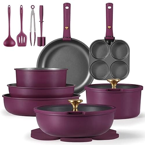 CAROTE 21pcs Pots and Pans Set, Nonstick Cookware Set Detachable Handle, Induction Kitchen Cookware Sets Non Stick with Removable Handle, RV Cookware Set, Gold and Purple - Image 1