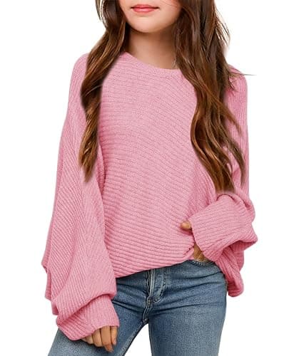 Mafulus Girl's Oversized Crewneck Fall Sweaters Kids Batwing Long Sleeve Slouchy Chunky Cute Pullover Jumper Shirts 5-14T - Image 1