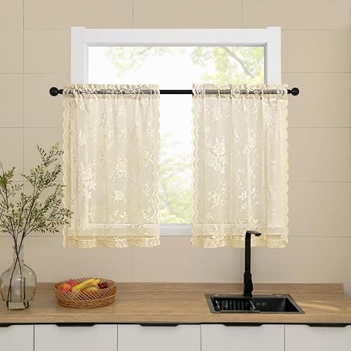 Beige Lace Cafe Curtains 24 Inch Length 2 Panels set Country Floral Sheer Curtain Rod Pocket Short Kitchen Curtains Decor Light Filtering Small Window Bathroom Basement RV Laundry Camper, 26x24 - Image 1