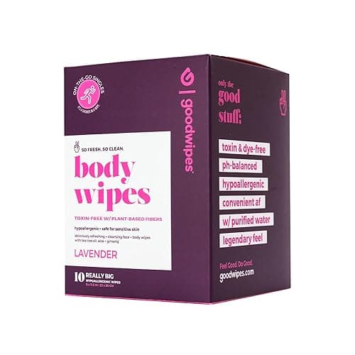 Goodwipes Body Wipes, Really Big for All Over, Made with Aloe, Plant Based and Hypoallergenic, Wipe Away Sweat and Odor, For Face and Body-Lavender, 10 Count - Lavender - 10 Count (Pack of 1) - Image 1